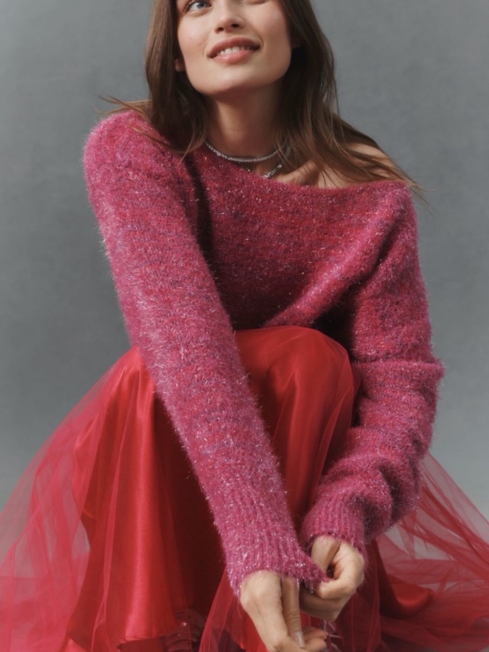 Nwt long sleeve boatneck tinsel Off-Shoulder Pink Fuzzy Knit Sweater
